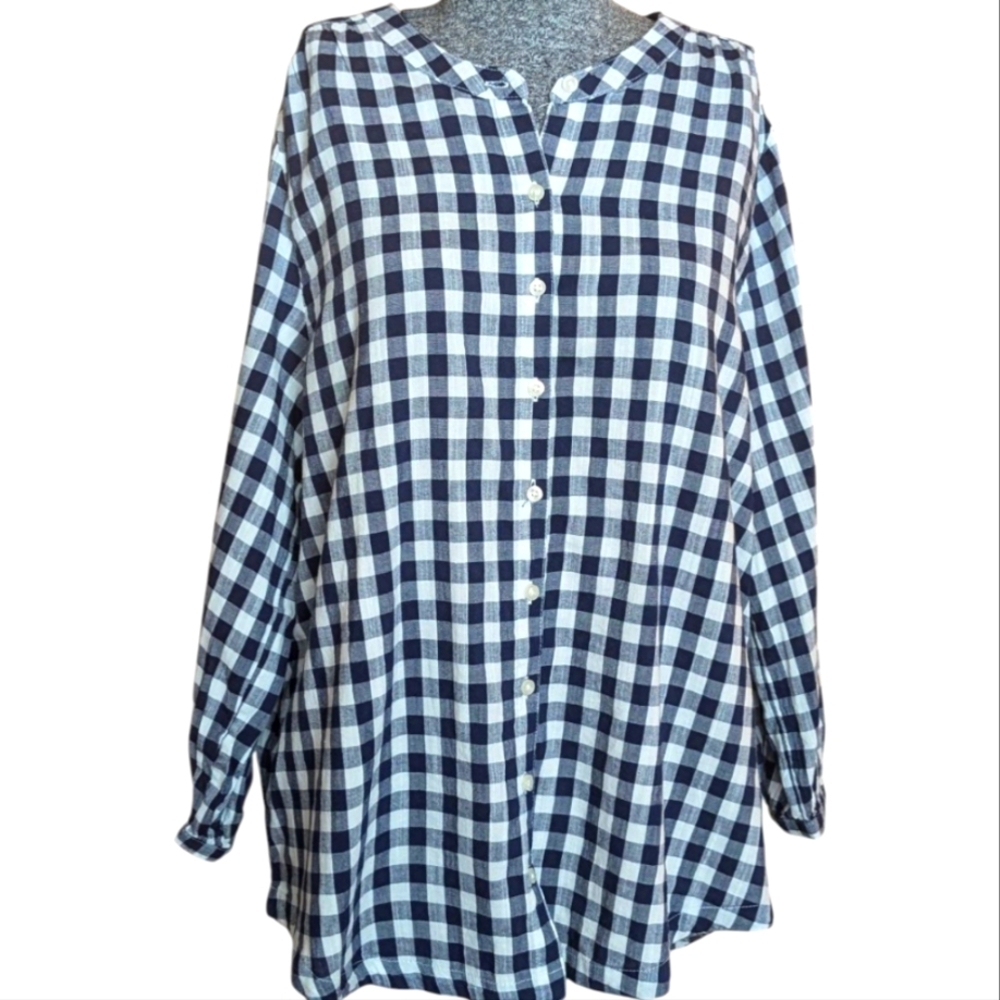 St. John's Bay Gingham Tunic Shirt | Navy & White Plaid | Size L | Cotton Blend